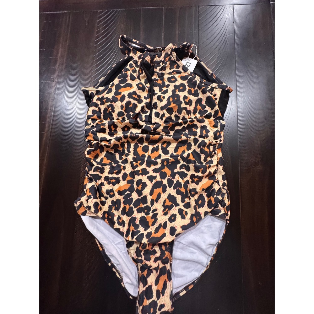 I2CRAZY Women Leopard Print One Piece Swimsuit High Neck Mesh Back Size L S001